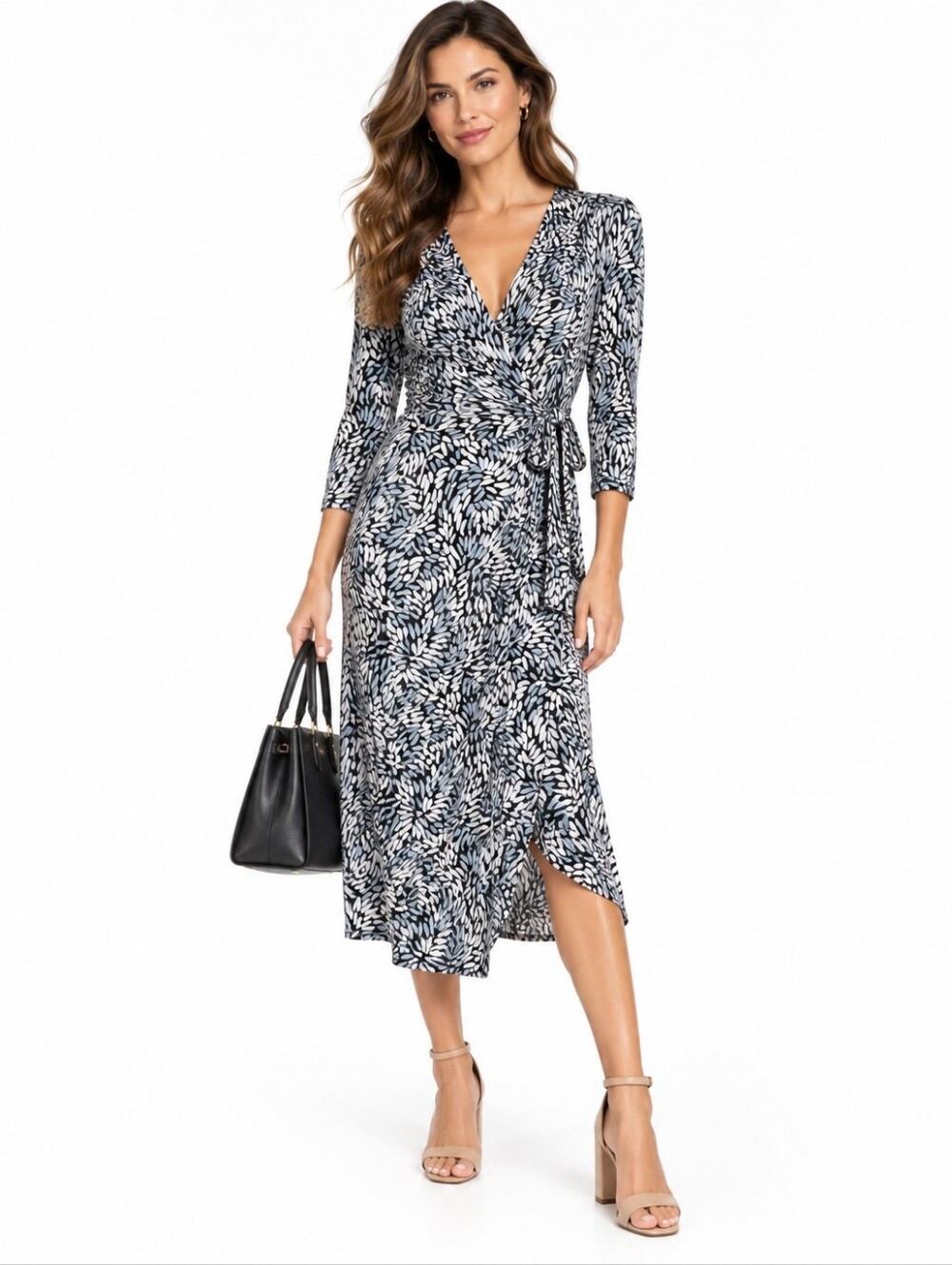 BCBGMaxAzria Black White Leaf Print Wrap Midi Dress M Corporate Chic Stretch